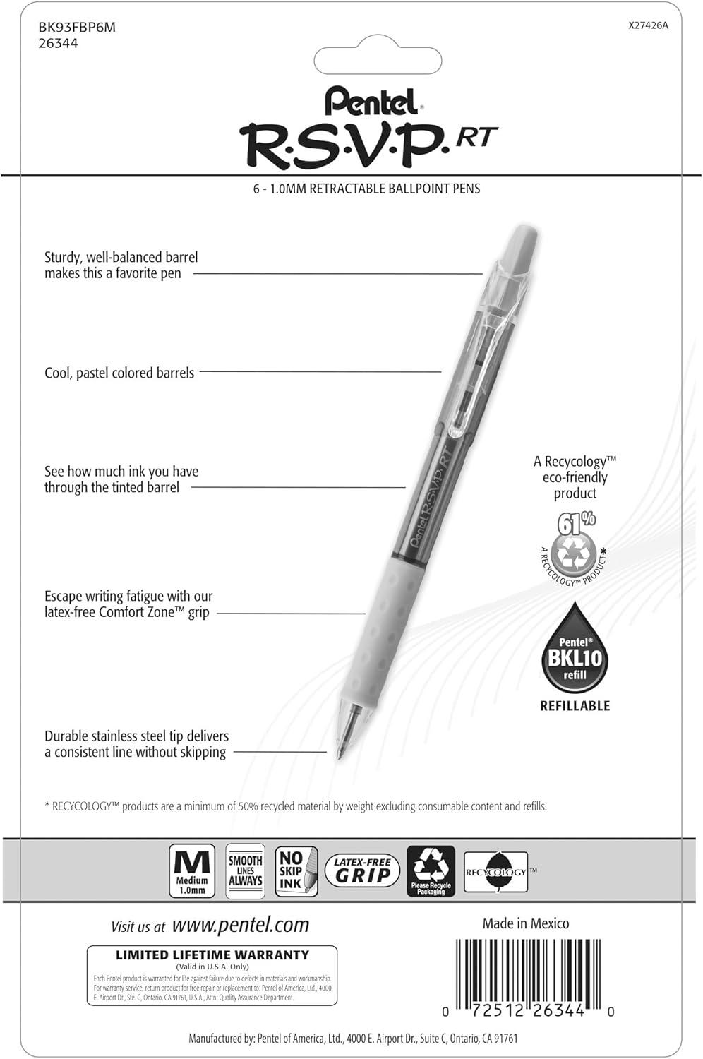image:imagePentel RSVP RT Pastel Barrel Retractable Ballpoint Pen 10mm Med Assorted Ink 6Pk