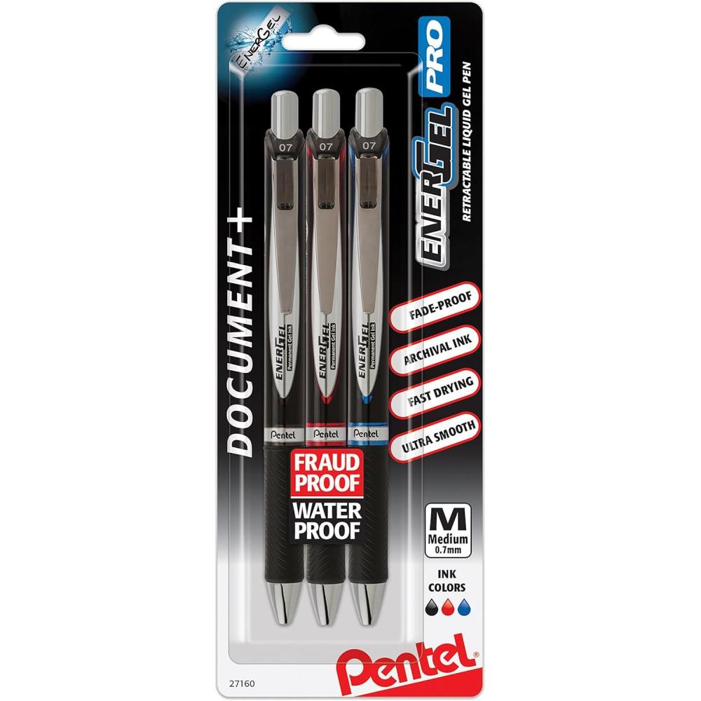 image:imagePentel EnerGel Permanent Gel Ink Rollerball Pen Black 3 Pack BLP77BP3ABlackRedBlue