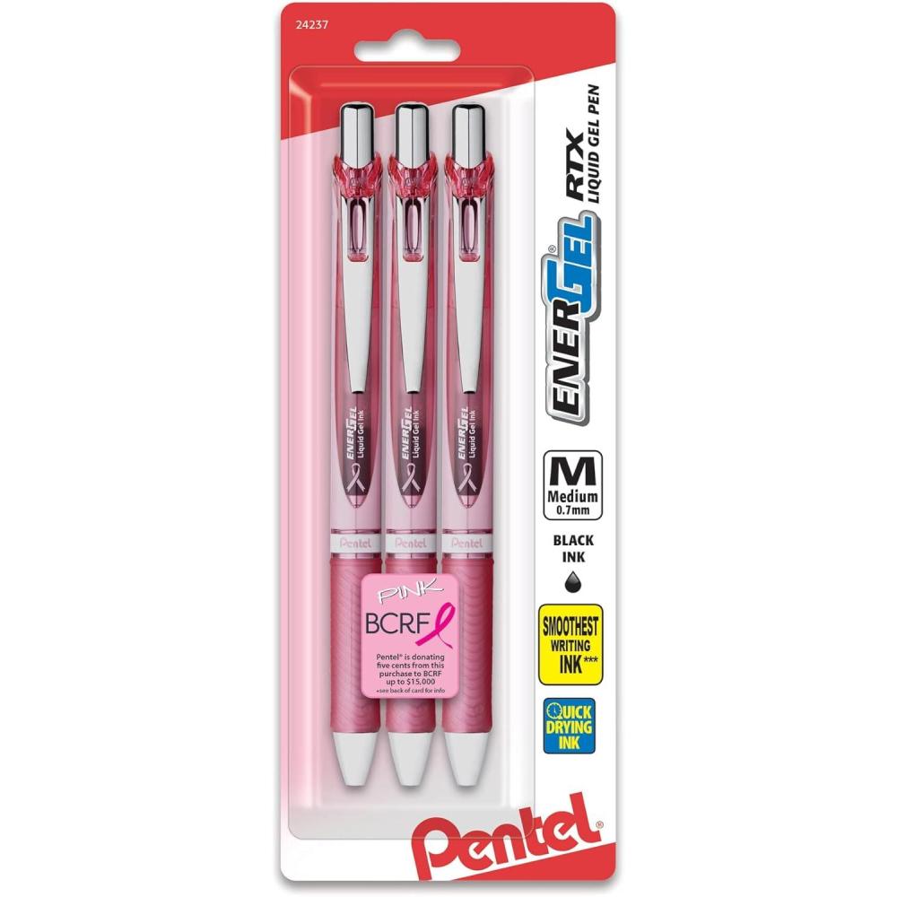 image:imagePentel Pink BCA EnerGel Retractable Liquid Gel Pen 07mm Medium Line Metal Tip Pink Barrel Black Ink Pack of 3 BL77PBP3ABC3 Count Pack of 1