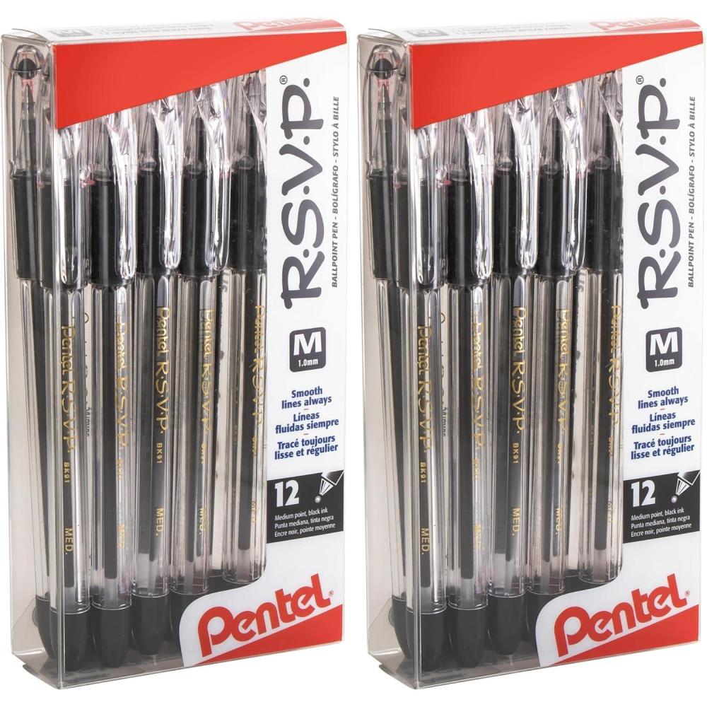 image:imagePentel RSVP Ballpoint Pen 10mm Medium Line Black Ink 12 Pack BK91PC12A12 Count Pack of 2