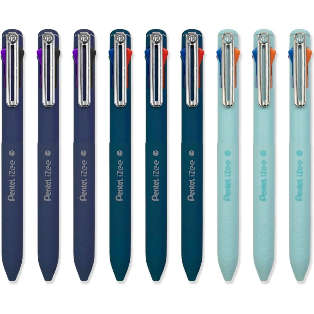 image:imagePentel iZee 4 Colour Ballpoint Pen Deep Blue Deep Violet amp Sky Blue Barrels Multi Ink Pack of 9