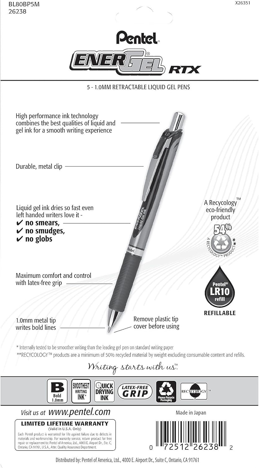 image:imagePentel Energel RTX Retractable Liquid Gel Pen Bold Line Metal Tip Blue Ink Pack of 2 BL80BP2CAssorted