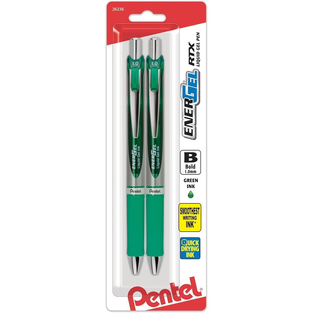 image:imagePentel Energel RTX Retractable Liquid Gel Pen Bold Line Metal Tip Blue Ink Pack of 2 BL80BP2CGreen