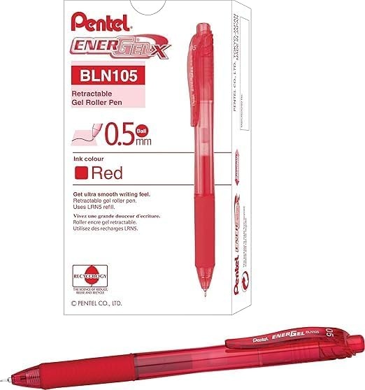 image:imagePentel EnerGelX Retractable Liquid Gel Pen 05mm Needle Tip Red Ink Box of 12 BLN105B