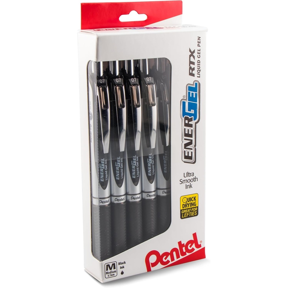 image:imageENERGEL Pentel RTX Retractable Liquid Gel Pen 07mm Medium Line Metal Tip Black Ink Window BL77PC12A1 Pack of 1 12 Count Total