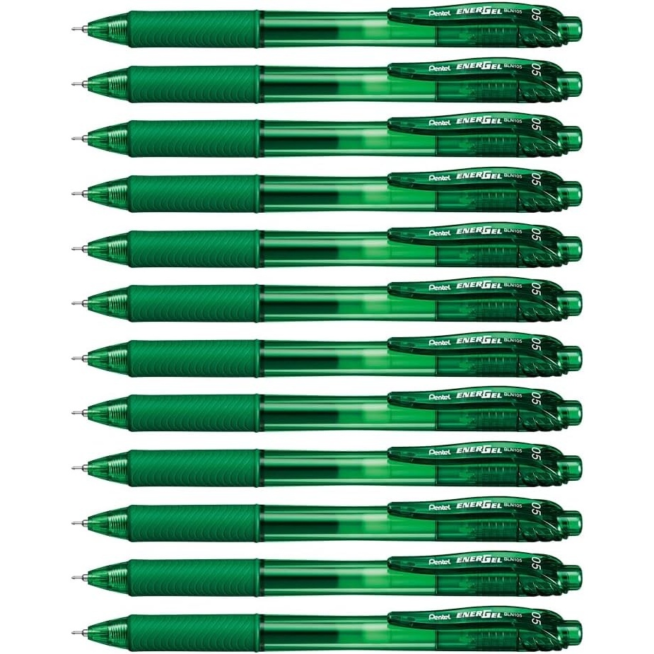 image:imagePentel 05mm EnerGelX Retractable Liquid Gel Pen with Needle Tip and Green Ink Box of 12 BLN105D