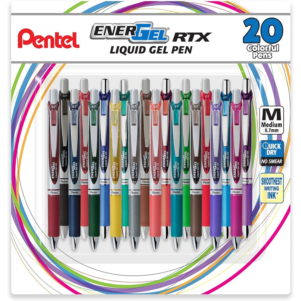 image:imagePentel EnerGel RTX Retractable Liquid Gel Pen 07mm Medium Line Metal Tip Assorted Ink Colors 20 Pack BL77BP20M20 Count Pack of 1
