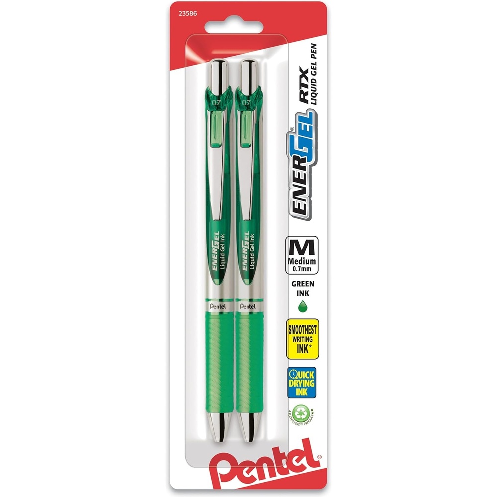 image:imagePentel EnerGel RTX Retractable Liquid Gel Pen 07mm Medium Line Metal Tip Green Ink Pack of 2 BL77BP2DGreen