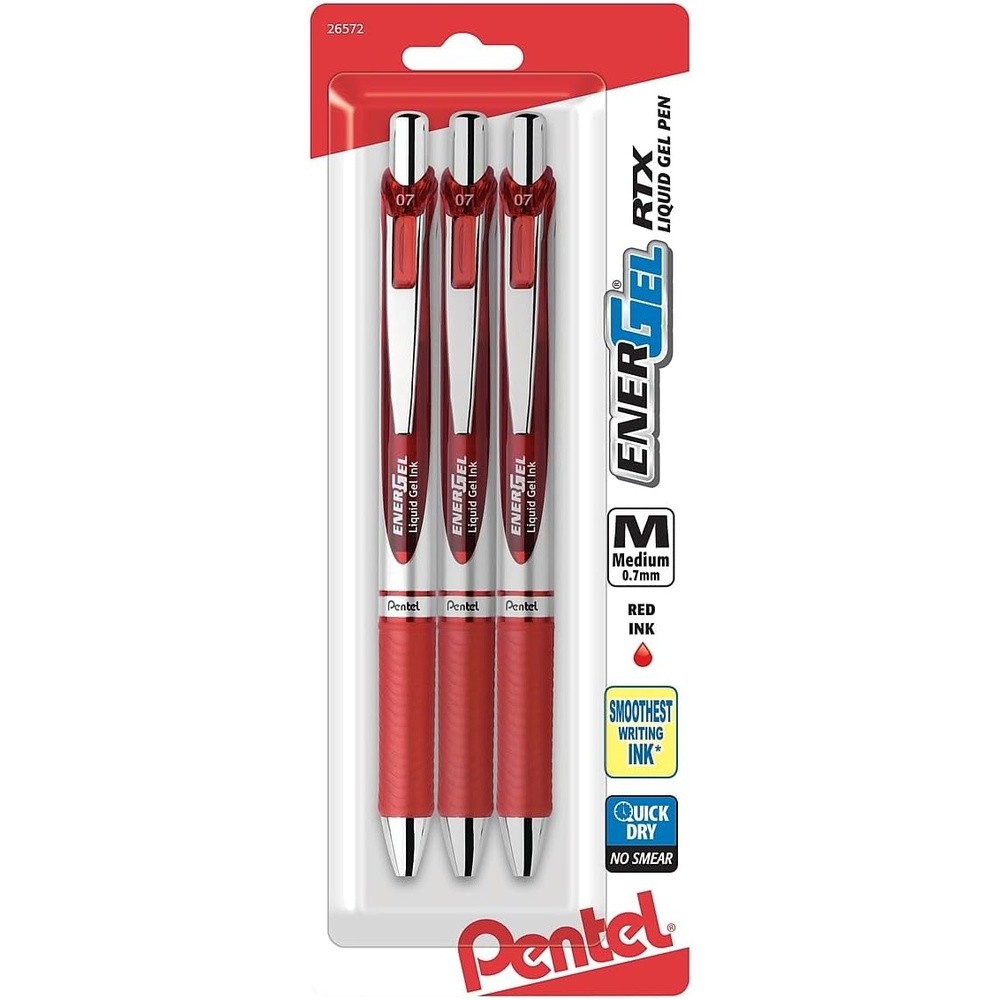 image:imagePentel EnerGel RTX Retractable Liquid Gel Pen 07mm Medium Line Metal Tip Red Ink Pack of 3 BL77BP3B3 Count Pack of 1