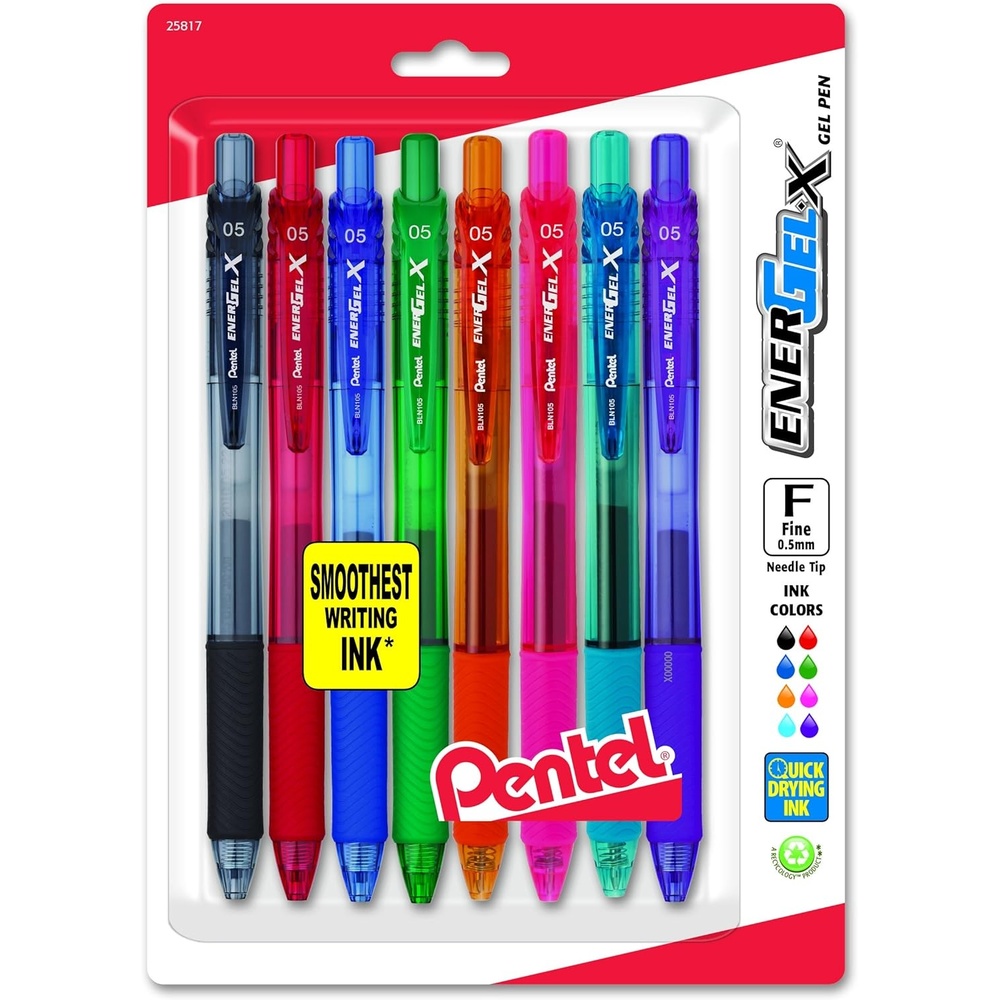 image:imagePentel EnerGelX Retractable Liquid Gel Pen 05mm Needle Tip Assorted Ink Pack of 8 BLN105BP8M