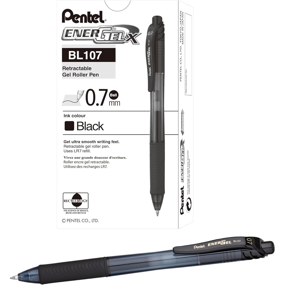image:imagePentel EnerGelX Retractable Liquid Gel Pen 07 mm Medium Line Black Ink Box of 12 BL107A