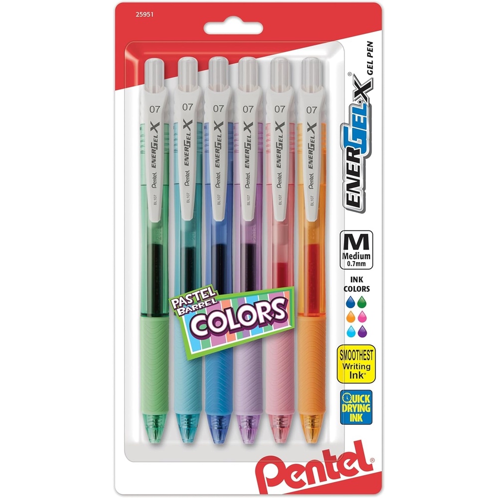 image:imagePentel EnergelX Pastel Barrels Retractable Medium Line Assorted Ink Colors Pack of 6 BL107FBP6M