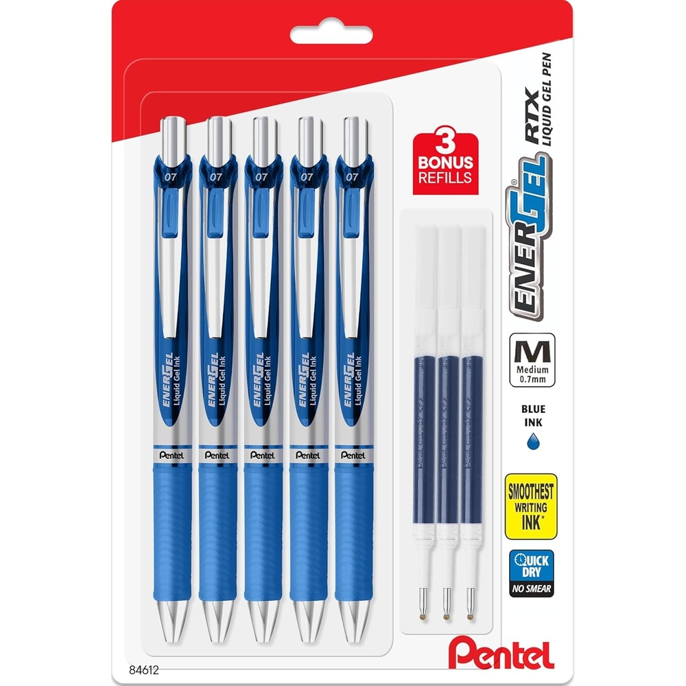 image:imagePentel Energel 07 mm Liquid Gel Ink Pens Pack of 5 Blue Deluxe RTX Pentel Pens with 3 Refills