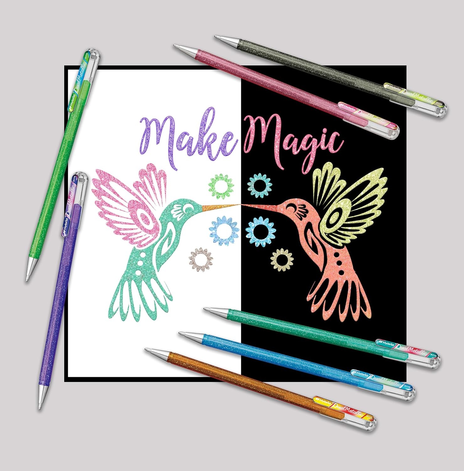 image:imagePentel Hybrid Dual Metallic Gel Ink Rollerball Pens Pastel Metallic K110 Light Purple Red amp Metallic Blue Pack of 12Violet clair Rouge Bleu mtallique