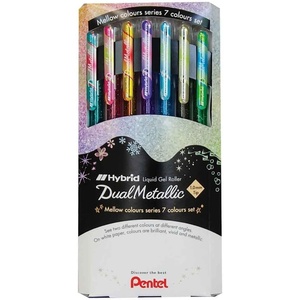 image:imagePentel Hybrid Dual Metallic Gel Ink Rollerball Pens Pastel Metallic K110 Light Purple  Red amp Metallic Blue Pack of 12Assorted 7 colours